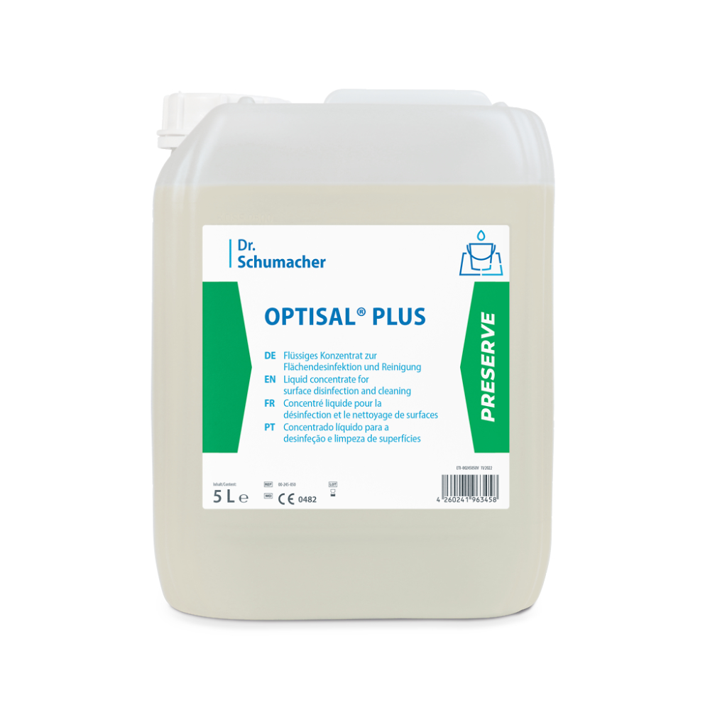 Ein 5-Liter-Gebinde Dr. Schumacher Optisal® Plus Desinfektionsreiniger, ein Flächendesinfektions- und Reinigungskonzentrat für Medizinprodukte, mit mehrsprachiger Beschriftung und grünem Etikettendesign.