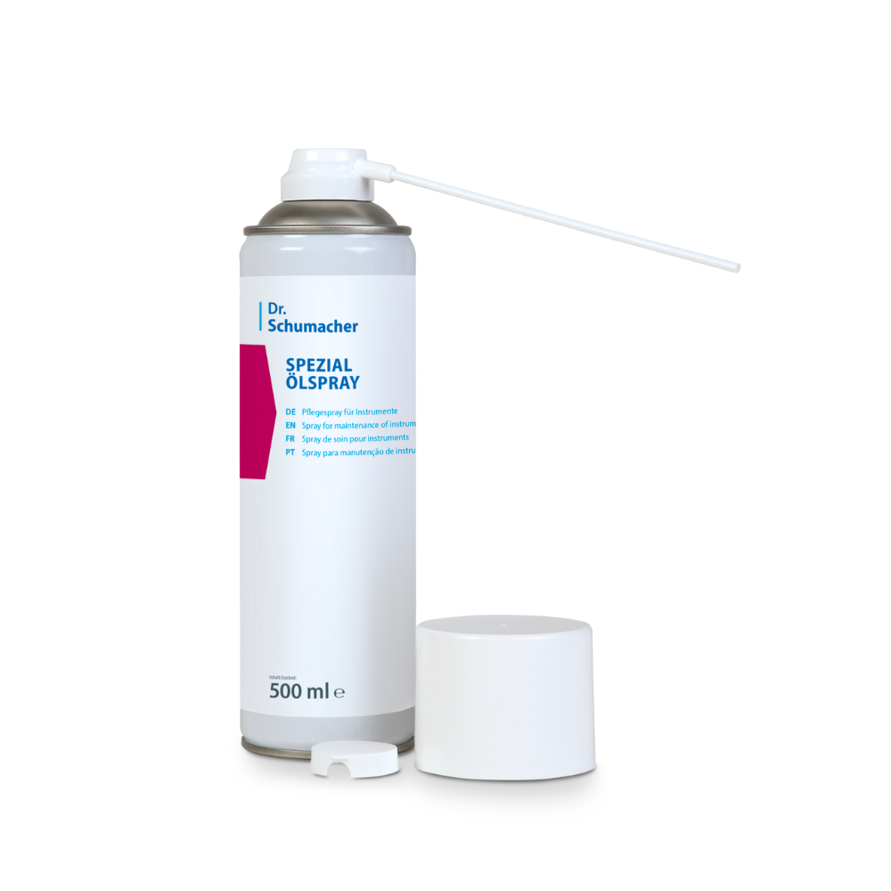 A can of Dr. Schumacher Special Oil Spray for Instruments | Can (500 ml) by Dr. Schumacher GmbH is shown without a cap. The white can with a gray nozzle and extended spray tube for precise application is the perfect instrument care spray for medical instruments. The 500 ml can contains a multilingual instruction on the label.