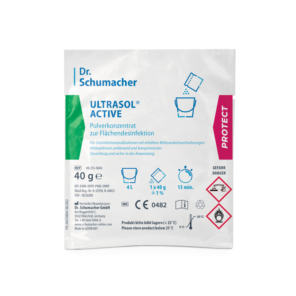 A package of Dr. Schumacher Ultrasol® Active Surface Disinfection from Dr. Schumacher GmbH contains powder concentrate for surface disinfection. The white package with green and pink accents includes text and symbols indicating that it contains 40 grams of powder concentrate for surface disinfection and should be stored below 25 °C. Hazard symbols are also present on the packaging.