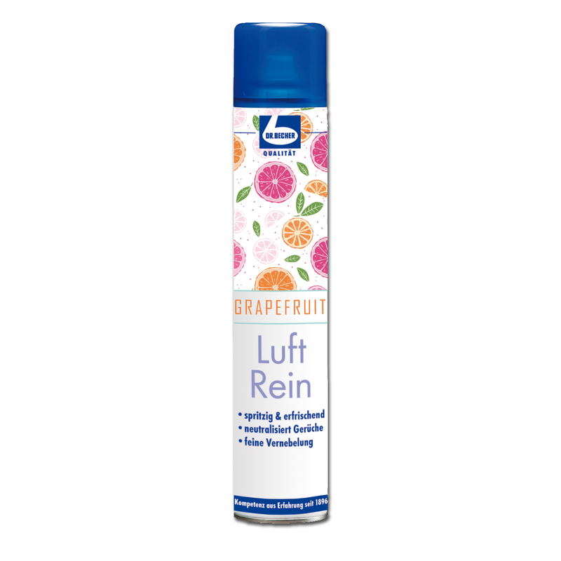 A can of „Dr. Becher Air Pure – 500 ml“ air freshener, decorated with images of various citrus fruits such as grapefruits and oranges, with highlighted features like refreshing and odor-neutralizing effects, from Dr. Becher GmbH.