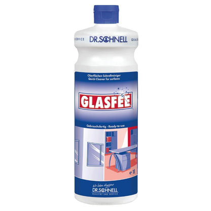 Eine 1-Liter-Flasche Dr. Schnell GlasFee Glasreiniger der DR.SCHNELL GmbH & Co. KGaA trägt ein blau-weißes Etikett mit blauem Verschluss und zeigt saubere, streifenfreie Glas- und Schreibtischoberflächen; enthält gebrauchsfertigen Oberflächen-Schnellreiniger.