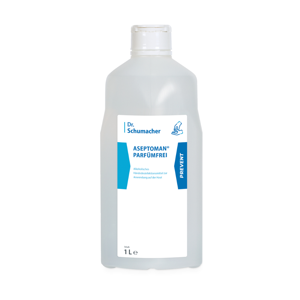 Eine Flasche Dr. Schumacher Aseptoman® parfümfrei, Händedesinfektion, 1 Liter Größe, etikettiert in blau und weiß mit