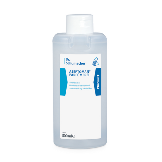Eine Flasche Dr. Schumacher Aseptoman® parfümfrei, Händedesinfektion. Der Behälter ist weiß mit blauen Etiketten, Text und blauem Logo und fasst 500 ml.