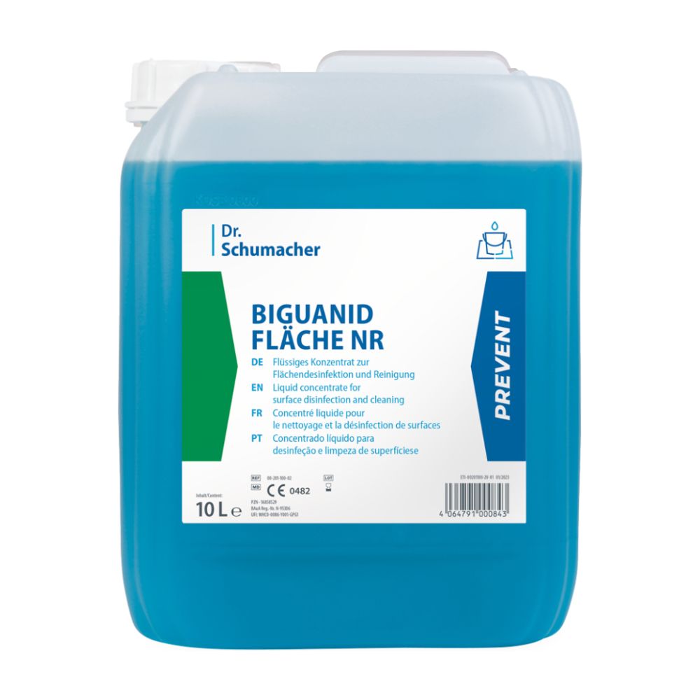 Ein 10-Liter-Behälter mit blauer Flüssigkeit mit der Aufschrift „Dr. Schumacher Biguanid Fläche NR Flächendesinfektion“ der Dr. Schumacher GmbH ist ein Flächendesinfektionskonzentrat. Das Etikett ist mehrsprachig und weist mit dem Wort „Prevent“ auf die Wirksamkeit bei der Reinigung und Desinfektion von Oberflächen hin.