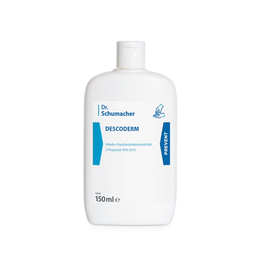 Eine 150 ml Flasche Dr. Schumacher Descoderm Hautdesinfektion mit weißem Etikett und blauen Akzenten, auf der die Zusammensetzung mit 70 % Isopropanol angegeben ist.