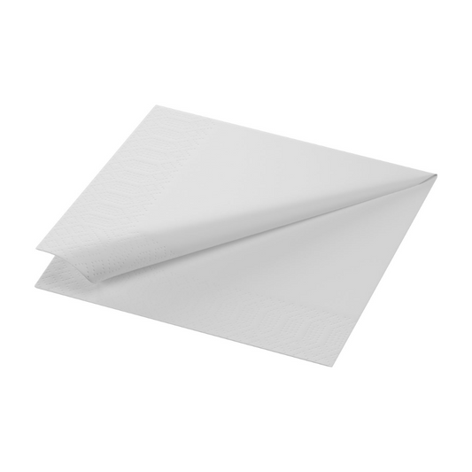 Zwei Blätter Duni Tissue-Servietten, 33 x 33 cm, 2-lagig in weißen Papiertüchern mit geprägtem Muster, leicht überlappend und auf einem schlichten weißen Hintergrund platziert.