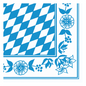 Die Ecke weist ein blau-weißes Muster auf, das an eine Dunisoft®-Serviette der Duni GmbH erinnert, mit einer floralen Bordüre aus Beeren und Blättern neben diagonalen, Bayernrauten-ähnlichen blauen Schachbrettrauten auf weißem Hintergrund, und spiegelt so den eleganten Stil einer Einwegserviette wider.