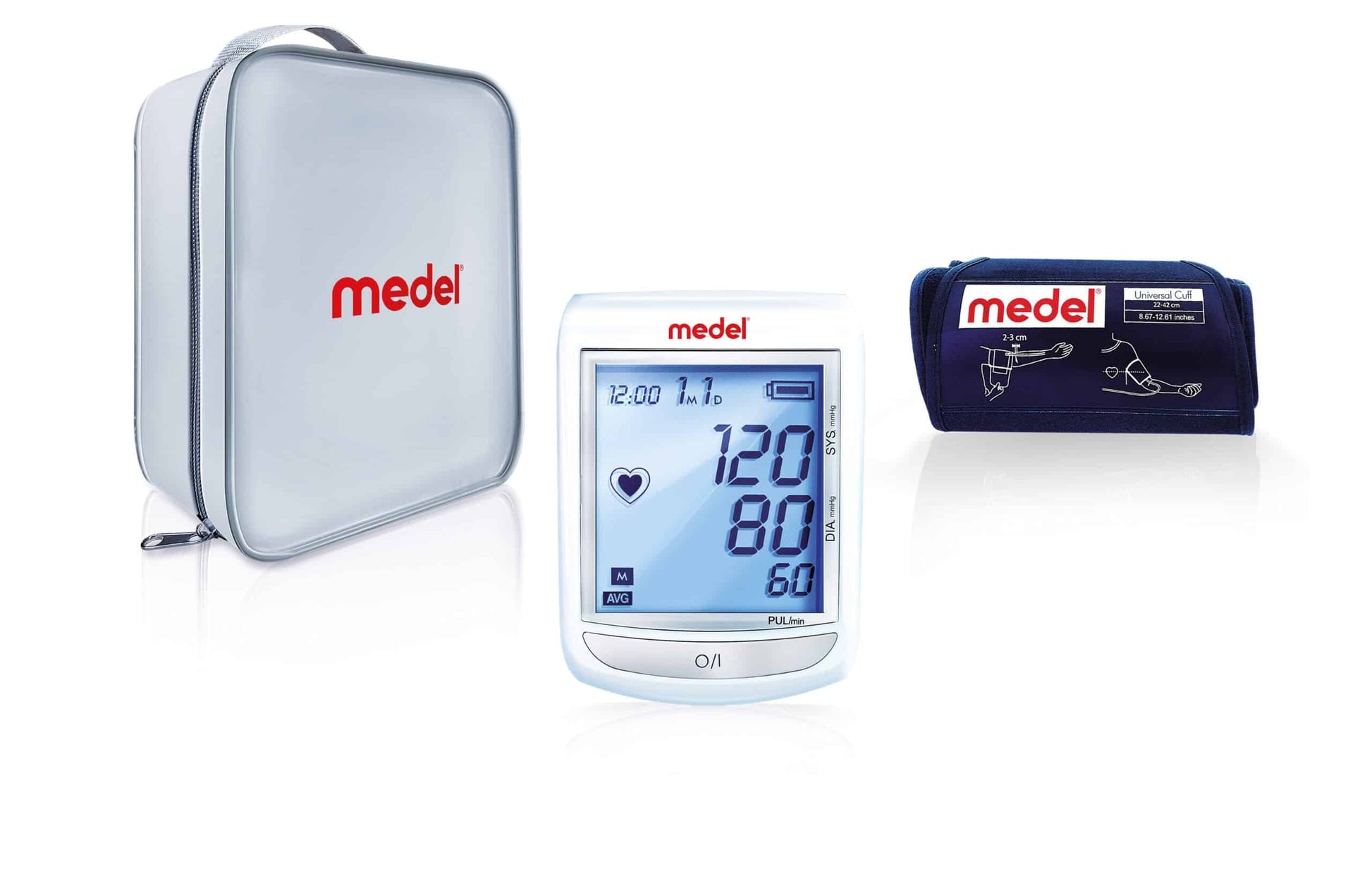 Medel Elite Blutdruckmessgerät mit Anzeige der Messwerte, begleitet von einer grauen Aufbewahrungsbox und einem marineblauen Beutel mit dem Markenlogo „Beurer GmbH“.
