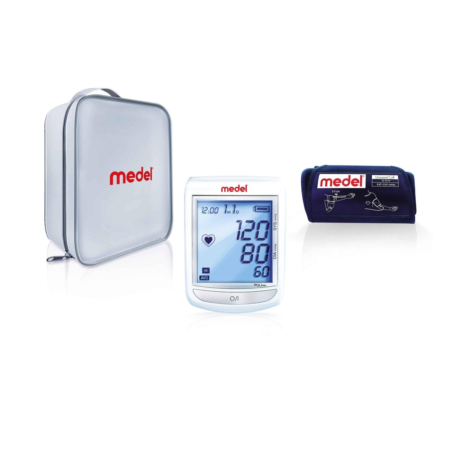 The Medel Elite blood pressure monitor from Beurer GmbH features a digital display with a reading of 120/80 mmHg. It comes with a black cuff and a gray carrying case and is equipped with soft-inflate technology for improved comfort and precision.