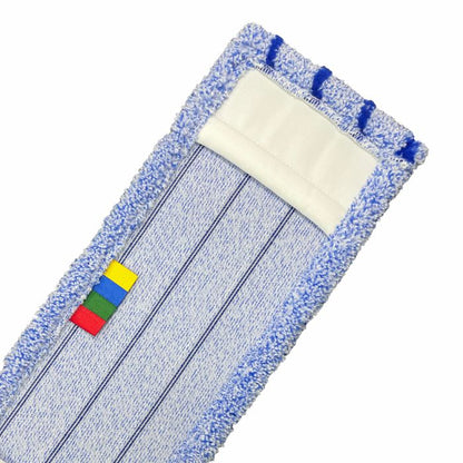 Eine Nahaufnahme des Arcora RUNNER BLUE - FC OHNE DECKBLATT Mikrofasermopps von Arcora International GmbH zeigt eine blaue Umrandung und vier kleine farbige Tags - gelb, rot, grün, blau - an einem weißen Abschnitt, ideal zur Reinigung strapazierfähiger Bodenbeläge.