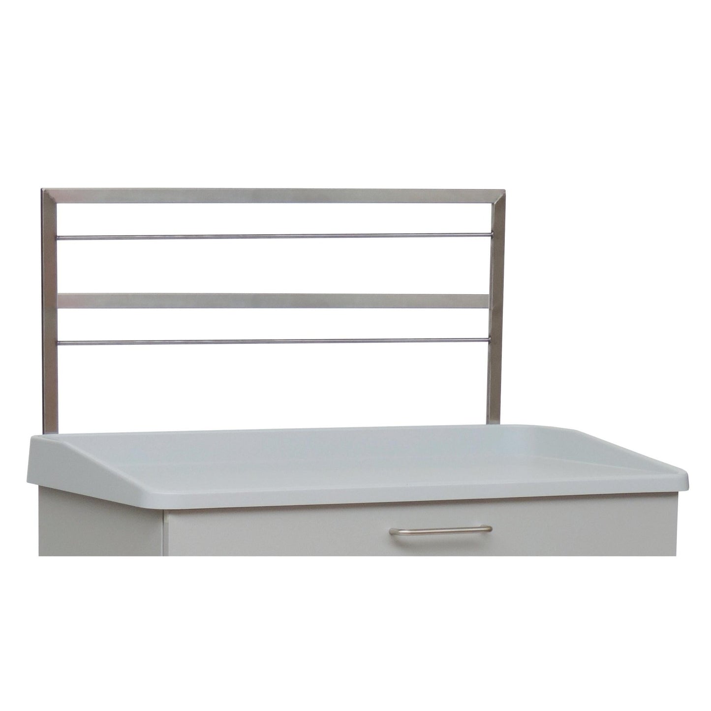 The Novocal Euro Rail - 2-fold for back panel (1 piece) is a white cabinet with a flat top, a silver drawer handle, and a metal frame with three horizontal bars for easy attachment of the back panel - ideal for modern furniture construction.
