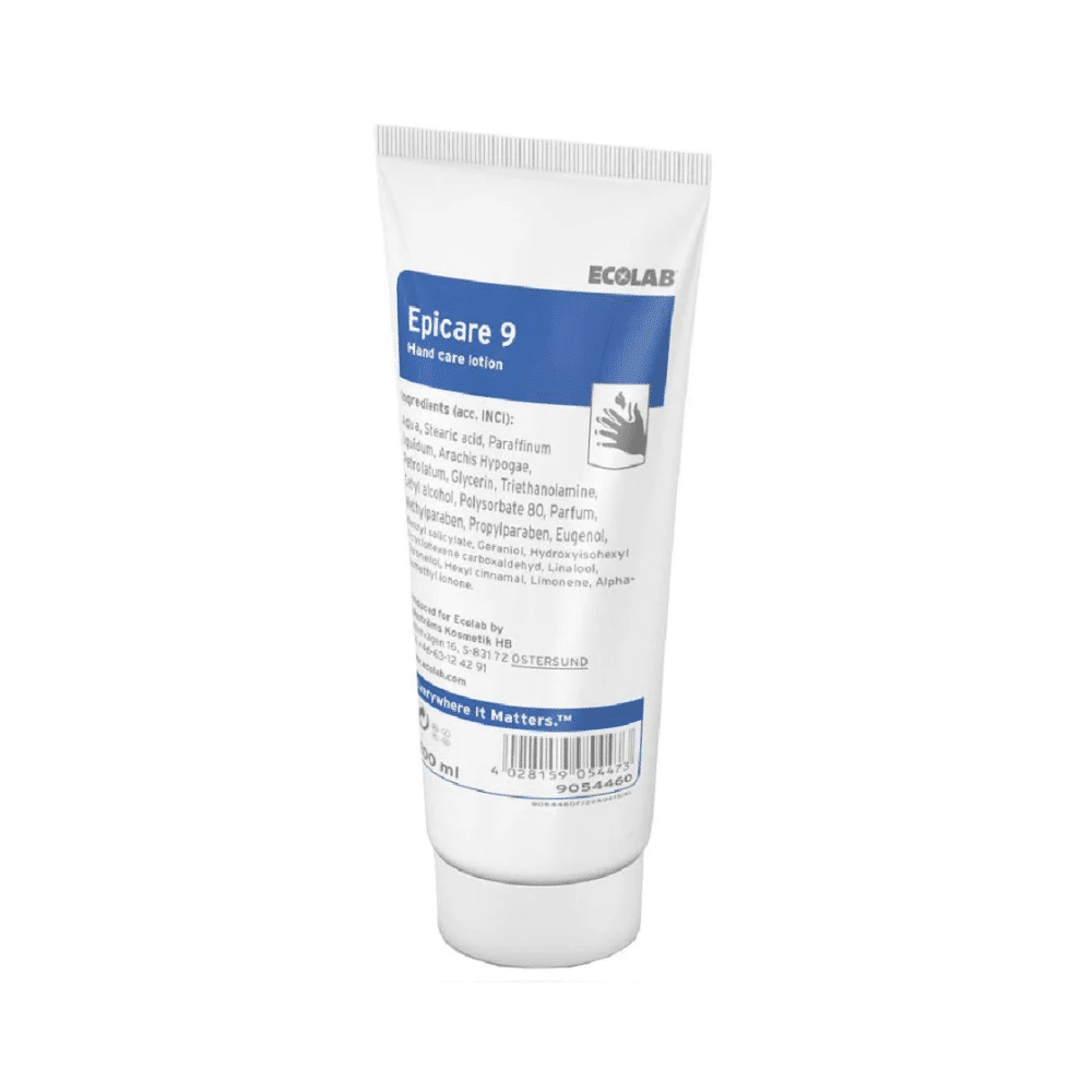 Eine 200 ml Tube der Ecolab Epicare 9 Handcreme von Altruan mit einem weiß-blauen Etikett enthält auf der Vorderseite Produktdetails, Anwendungshinweise und eine Liste der Inhaltsstoffe. Diese feuchtigkeitsregulierende Handpflegelotion ist in Packungen zu 100 Stück erhältlich.