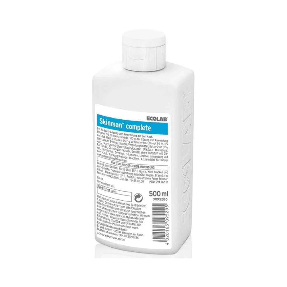 A white 500 ml plastic bottle of Ecolab Skinman® complete hand disinfection (discontinued item) with a white cap and a blue-white label with product information and application instructions for effective hand disinfection.