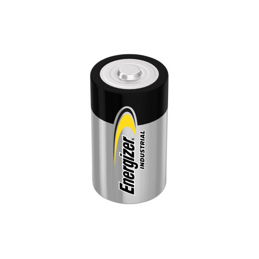 Eine alkalische Industriebatterie C/Baby von Energizer Deutschland GmbH mit schwarzem und silbernem Gehäuse und dem Energizer-Logo in den Farben Gelb und Schwarz, aus leicht schräger Perspektive betrachtet.
