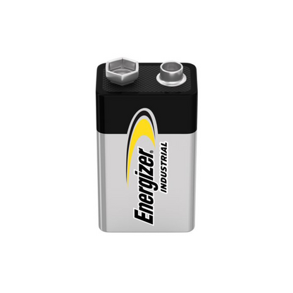 Image of an Energizer Industrial Alkaline Battery 9V E-Block | Pack (12 pieces) from Energizer Deutschland GmbH. The battery is in an elegant black-silver color scheme and has the Energizer logo and "Industrial" printed vertically on the front. Two terminals are mounted on top for easy connection.