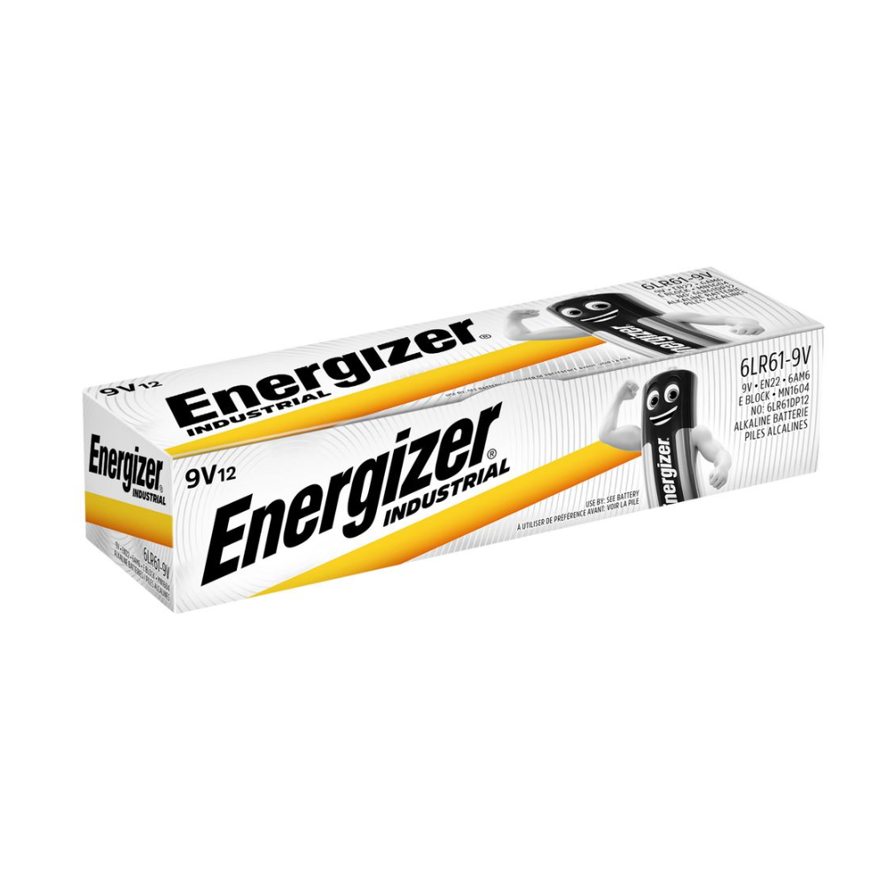 A rectangular box with Energizer Industrial Alkaline Battery 9V E-Block | Pack (12 pieces) is depicted. The box shows the logo of Energizer Deutschland GmbH and the text "9V", "12", and "6LR61-9V" along with further specifications and product information. The box features an image of an alkaline battery.