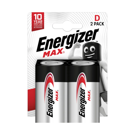 Eine Packung mit zwei Energizer Max Alkaline-Batterien D-Mono-LR20 von Energizer Deutschland GmbH mit dem Logo der Marke und einem Haltbarkeitsversprechen von 10 Jahren. Die Verpackung zeigt eine Grafik des Produkts und eine lächelnde Batterie.