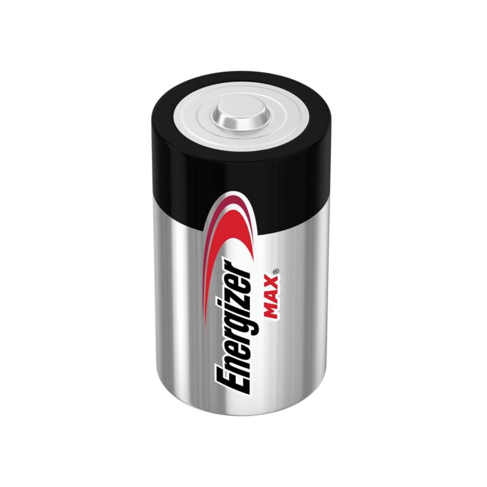Eine Energizer Deutschland GmbH Max Alkaline D-Mono-LR20 Batterie im schwarz-silbernen Design mit dem rot-weißen Energizer-Logo an der Seite. Der Pluspol befindet sich oben.