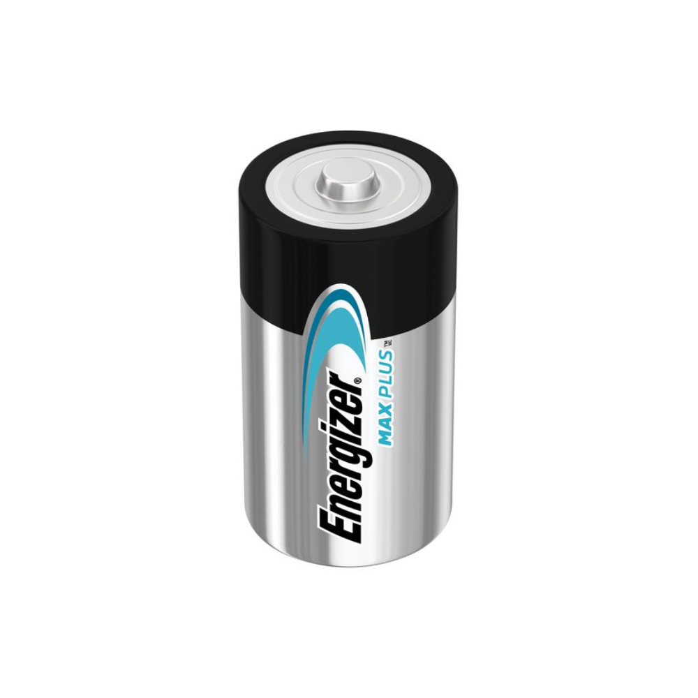Eine zylindrische Batterie mit silbernem Gehäuse und schwarzer Oberseite mit der Aufschrift „Energizer Max Plus Mono D LR20 Alkaline 1,5V Batterie | Packung (20 Stück)“ von Energizer Deutschland GmbH, die eine leistungsstarke Energiequelle bietet. Das Energizer-Logo und das blaue Akzentdesign sind auf der Vorderseite sichtbar, und die Oberseite hat einen sichtbaren Pluspol.