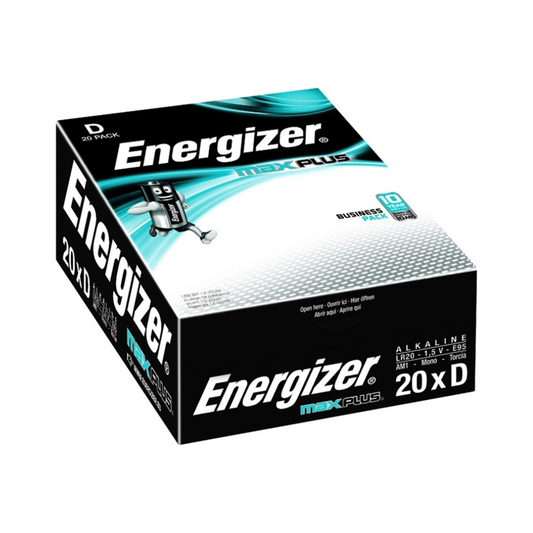 Abgebildet ist eine schwarz-weiß-blaugrüne Schachtel Energizer Max Plus Mono D LR20 Alkaline 1,5V Batterie | Packung (20 Stück). Die Schachtel enthält 20 Mono D LR20 Alkaline Batterien. Das Bild hebt die Verpackung mit Produktdetails und Markenzeichen hervor, darunter das Logo der Energizer Deutschland GmbH und die Aufschrift „20 x D“ auf der Seite.