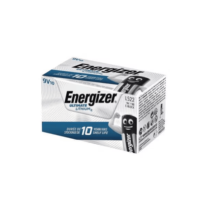 Eine weiß-graue Schachtel mit Energizer Ultimate Lithium E-Block 9V L522 | Packung (10 Stück), einer langlebigen Energiequelle. Die Verpackung gibt an, dass sich zehn Batterien mit einer Haltbarkeit von 10 Jahren darin befinden. Auf der linken Seite ist das Logo der Energizer Deutschland GmbH zu sehen, während auf der rechten Seite Produktinformationen und ein Batteriebild zu sehen sind.
