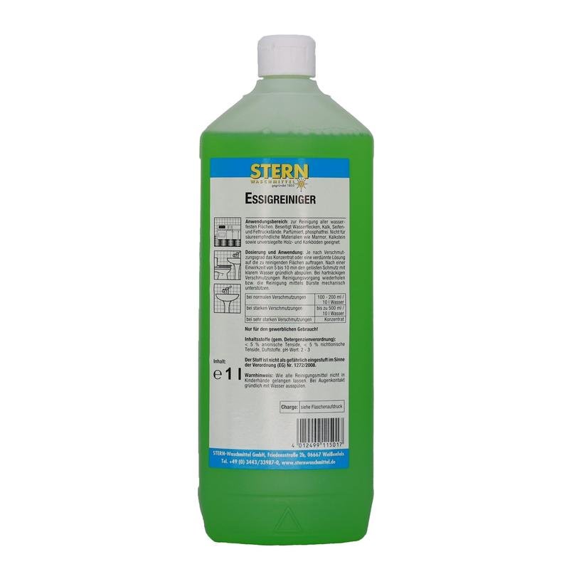 A 1-liter bottle of STERN vinegar cleaner of Stern Waschmittel GmbH contains green liquid and bears a white-yellow German label with instructions for removing lime deposits.