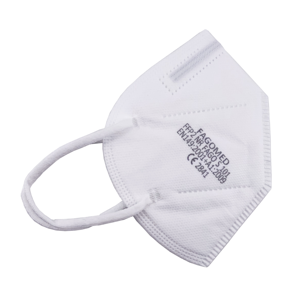A white Famex FFP2 respirator mask (FAGOMED), 10 pieces per pack, with ear loops and side print of certification and model, offers high filtration efficiency. The mask is presented on a white background.