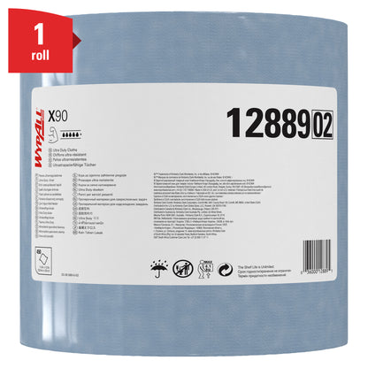 Eine einzelne Rolle WypAll® X90 PowerClean Großrolle (Blau, 1 Rolle x 450 Blatt, Nr. 12889) von Kimberly-Clark GmbH ist mit einem weißen Etikett mit Symbolen und einem roten "1 Rolle"-Banner versehen - ideal für die industrielle Reinigung.