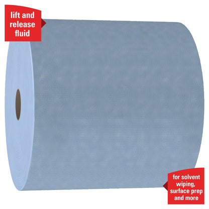 Die WypAll® X90 PowerClean Großrolle von Kimberly-Clark GmbH ist eine große blaue Rolle mit 450 strukturierten Blättern, die sich ideal zum Abwischen von Lösungsmitteln und zur Oberflächenvorbereitung eignet. Auf den roten Bannern steht "lift and release fluid" und "for solvent wiping, surface prep and more".