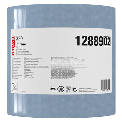 Eine große Rolle blaues WypAll® X90 PowerClean (Kimberly-Clark GmbH), Produktnummer 12889, mit einem weißen Etikett mit Anwendungshinweisen, Zertifizierungen und Symbolen; enthält 450 Blatt pro Rolle in einem Karton.