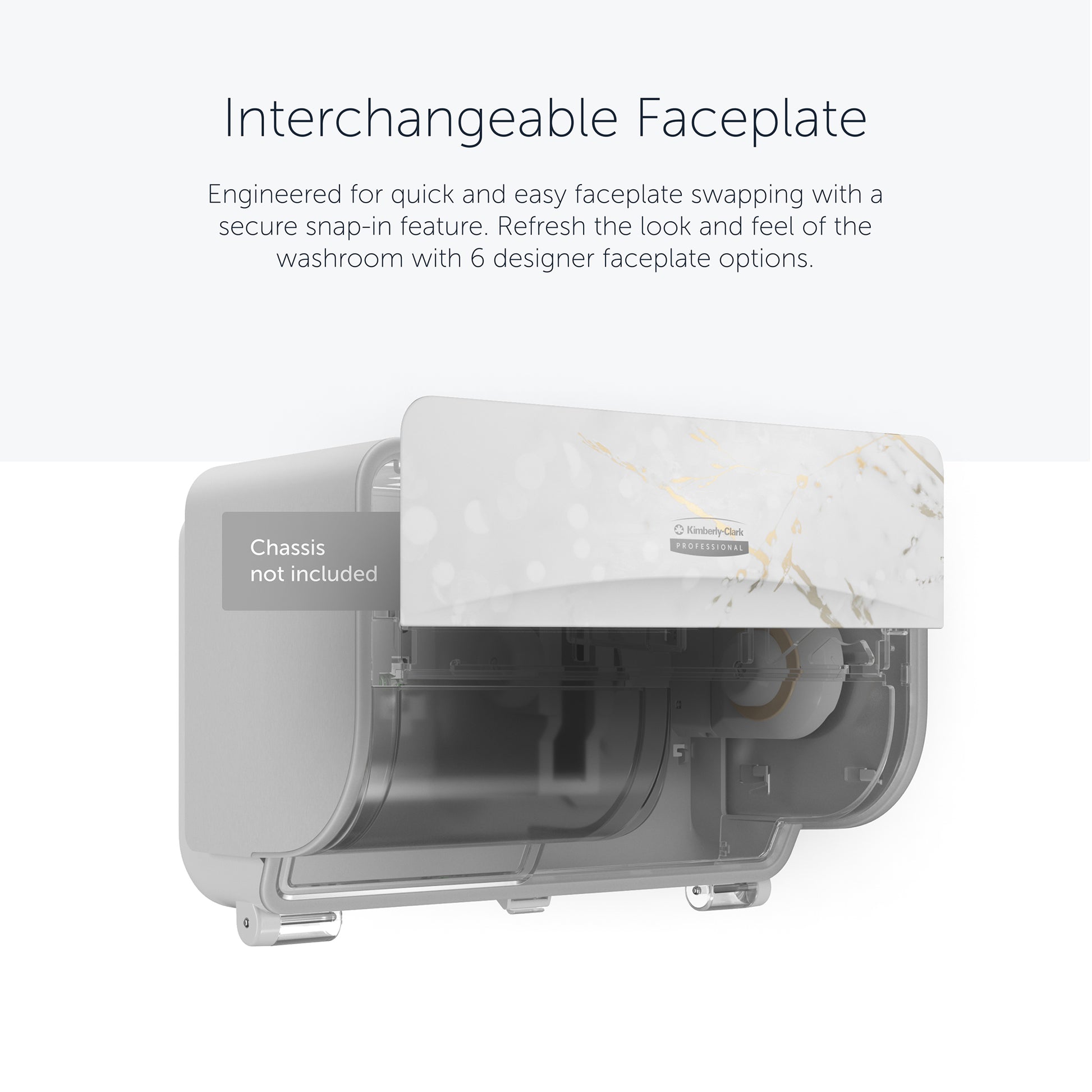 Eine Kimberly-Clark GmbH Icon™ Dispenser Faceplate-SRBH in einem Marmormuster ist teilweise transparent abgebildet und hebt das haltbare, austauschbare Snap-in-Design hervor (32,39x10,80x3,18 cm). Chassis nicht enthalten.