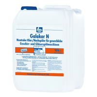 A 10-liter white plastic canister with Dr. Becher Galakor N Clarifier/Rinse Aid for commercial dishwashers and glasswashers. The label, written in German with blue and orange text, contains usage instructions and product information. Brand: Dr. Becher GmbH.