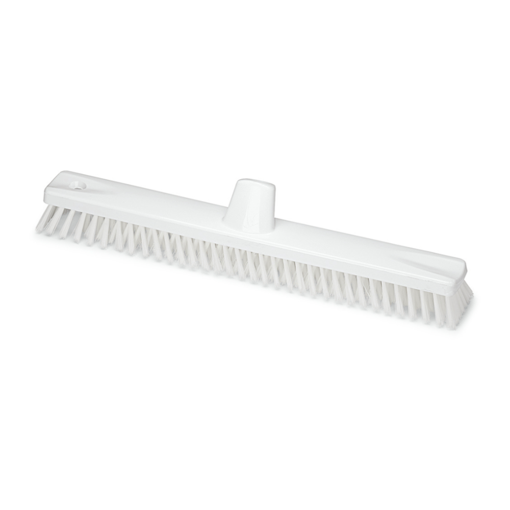 The Nölle Profi Brush HACCP large area sweeper 45 cm from Nölle Profi Brush Bürsten- & Pinseltechnik e.K. is a durable white scrubbing brush with densely packed bristles and a central hole for handle attachment, perfect for cleaning large areas.