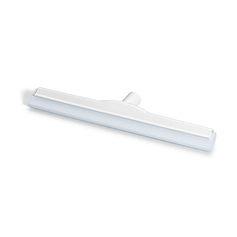 The Nölle Profi Brush HACCP squeegee with a straight handle and unique double-lip design combines functionality with style. It features a light blue rubber lip in a white fiberglass-reinforced plastic frame, which is attached for more stability on a plain white background.