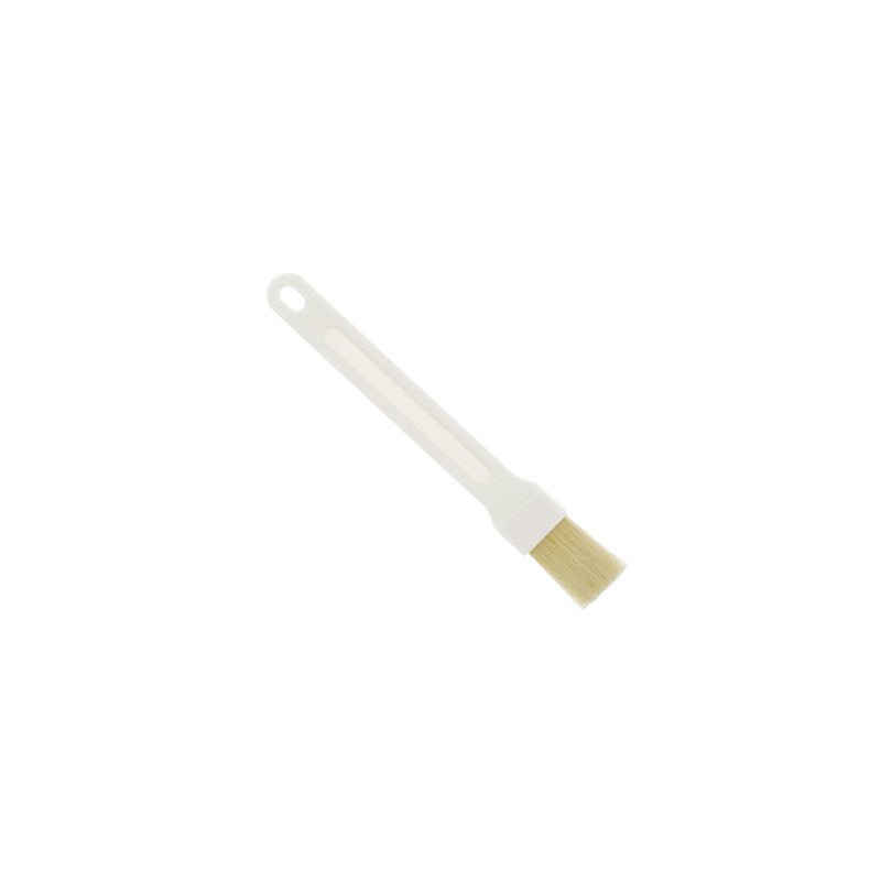 Der FLACHPINSEL, PBT ø0,20MM von Haug Bürsten KG ist ein weißer Kunststoffpinsel mit beigen PBT-Borsten und einem Griff mit Aufhängeloch, abgebildet auf einem schlichten weißen Hintergrund.