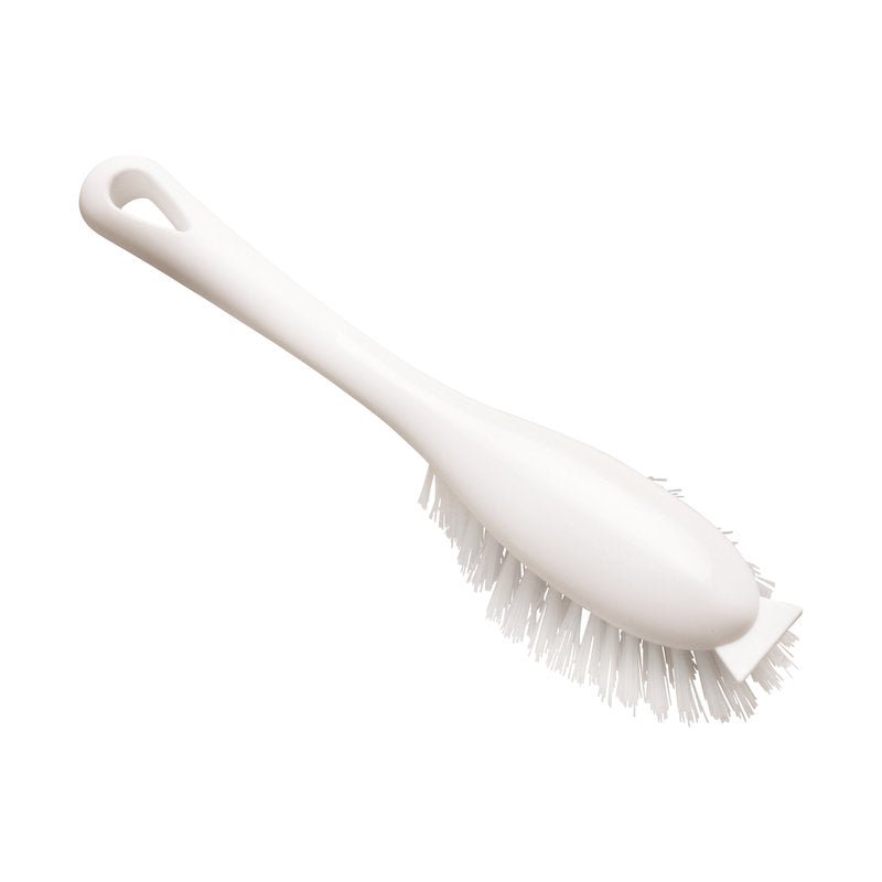 The Haug Bürsten KG HANDLE BRUSH WITH SHORT HANDLE PBT is a white plastic cleaning brush with stiff PBT bristles, a curved short handle, and a hole at the end for easy hanging.