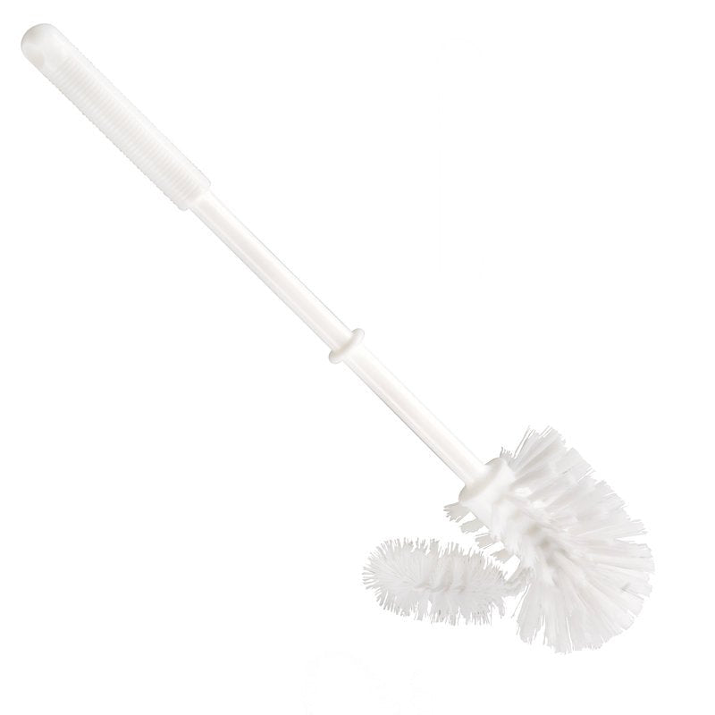 The Haug Bürsten KG WC-RIM CLEANING BRUSH, SMALL has stiff 0.35mm bristles, an angled head, and a long white PP handle (365xø75mm), depicted isolated on a white background.