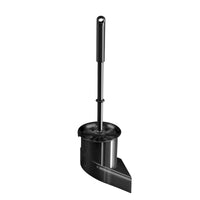 The Haug Bürsten KG Wall-Mounted Toilet Brush Set with Round Brush (115x100x410mm, Black) features a long handle and a round bristle head in a matching angled black holder—ideal for any modern bathroom. Package: 1 piece.