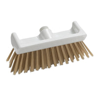 The OVEN BRUSH WITH PEEK NATUR SCRAPING EDGE from Haug Bürsten KG is a rectangular brush head measuring 270 x 100 x 65 mm, with stiff, light-brown bristles and a white plastic base featuring a threaded opening on the handle.