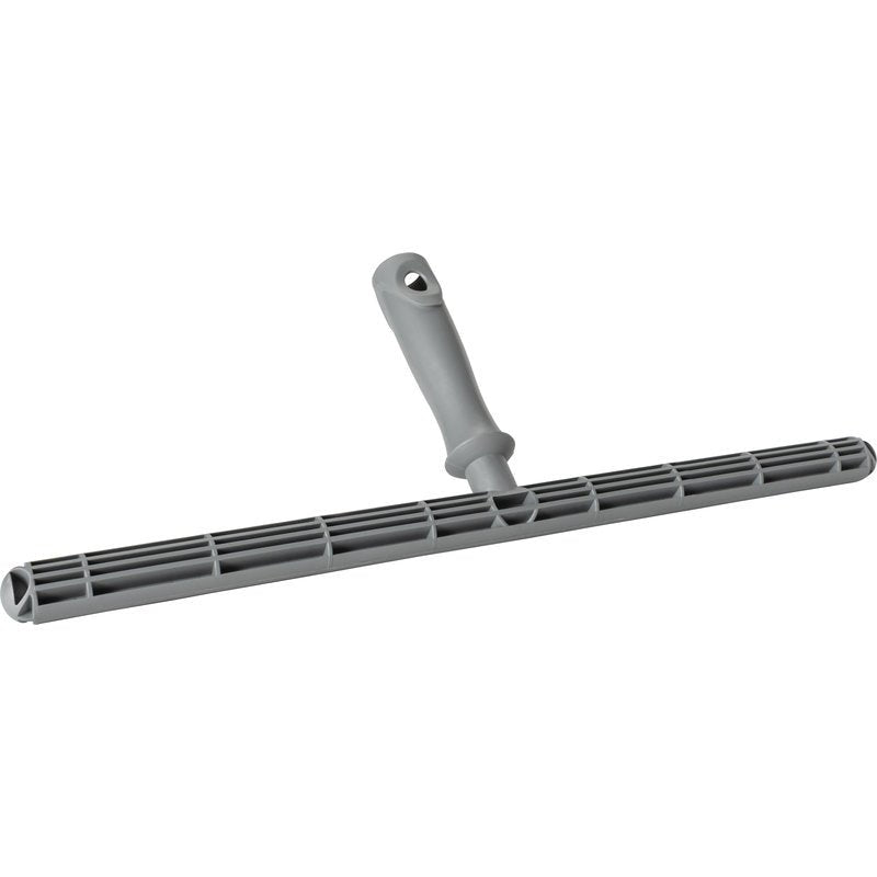Der Haug Bürsten KG T-TRÄGERTEIL, KUNSTSTOFF, 450MM FÜR EINWASCHERBEZÜGE ist ein grauer Kunststoff-Fensterabziehergriff mit Gitterstruktur und ergonomischem Griff, ideal für 450mm Einwascherbezüge, abgebildet auf weißem Hintergrund.