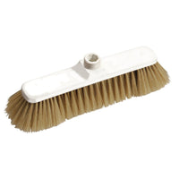 The Haug Bürsten KG BESEN, BLONDE HAIR MIX 30/70 280X50X55MM features bristles made of a blonde hair blend and a white plastic base with a center threaded hole—ideal for effective cleaning on all surfaces.