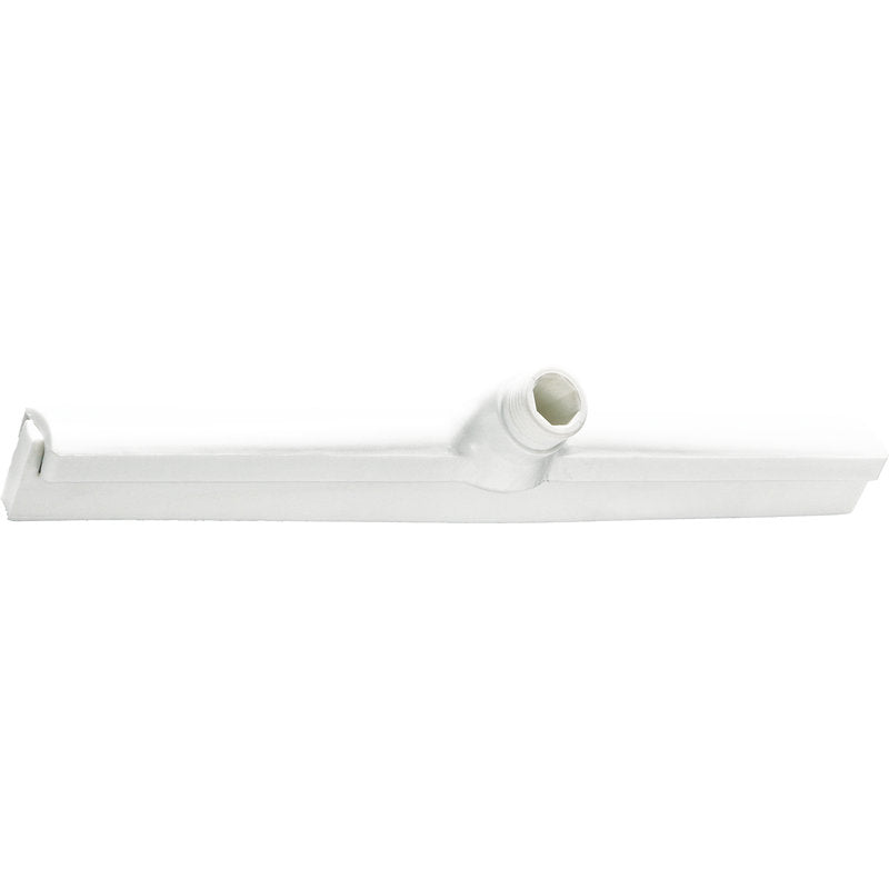The WATER SQUEEGEE WITH EXCHANGEABLE PROFILE WHITE SINGLE-LIP 420x35x25MM from Haug Bürsten KG, with a central angle connection and hook-shaped end, is perfect for cleaning smooth surfaces. Pictured on a white background.