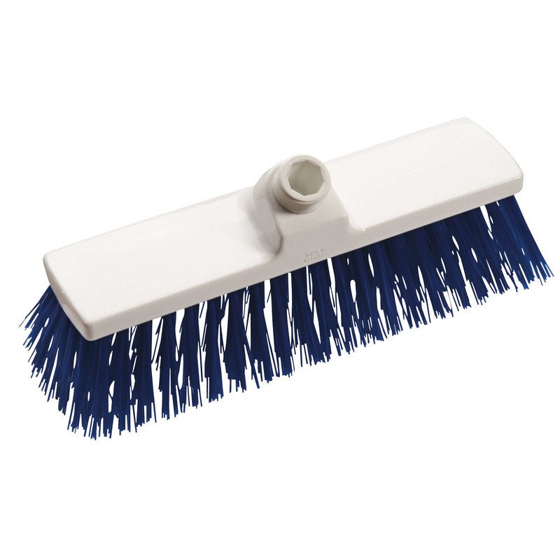 The BROOM, PP BLUE, Ø 1.0MM HARD 300X70X65MM from Haug Bürsten KG is a rectangular white broom head with dense blue bristles and a central handle socket, depicted on a white background.