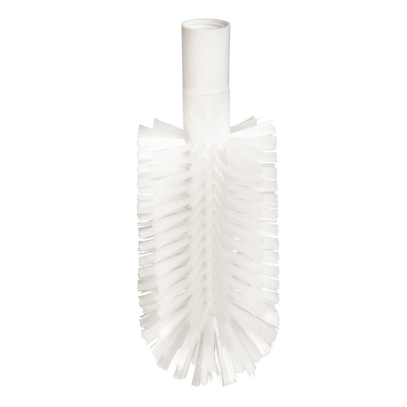 Die ROHRBÜRSTE, PBT TRANSPARENT ø0,50MM, MIT ADAPTER von Haug Bürsten KG ist eine weiße zylindrische Bürste mit steifen, abgewinkelten, transparenten PBT-Borsten und einem hohlen Kunststoffgriff, abgebildet auf einem schlichten weißen Hintergrund.