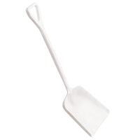 The SHOVEL, LARGE, ONE-PIECE, PP (400x340x1110mm) from Haug Bürsten KG is a sturdy white plastic shovel with a rectangular blade and a triangular handle, ideal for gardening, shown against a plain white background.