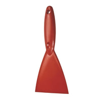 The METALL DETECT SPATULA, PP, OXIDROT, 250x110x18 mm from Haug Bürsten KG is a red polypropylene scraper with a flat blade and a rounded handle featuring a hanging hole, designed for metal detection. Shown on a solid white background.