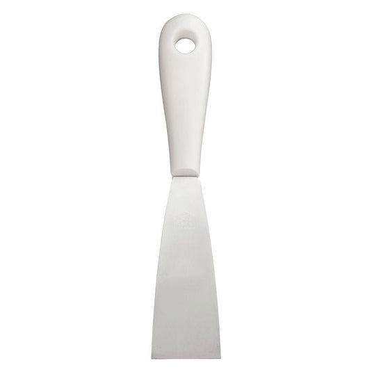The SPATULA WITH PLASTIC HANDLE, STAINLESS STEEL, RUST-FREE from Haug Bürsten KG impresses with a flat, rectangular stainless steel blade, solid white plastic handle, and hanging hole - durable and versatile in use.