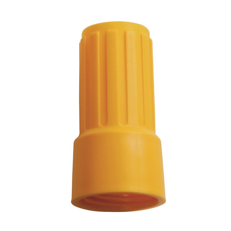 Der ÜBERWURFMUTTER FÜR ADAPTER E1100019 von Haug Bürsten KG ist ein gelber Kunststoffverbinder mit gerippter zylindrischer Form und geschlossenem Ende, der für sichere elektrische Drahtverbindungen verwendet wird.