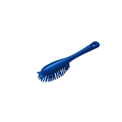 The HANDLE BRUSH WITH SHORT HANDLE PBT from Haug Bürsten KG in blue, made of plastic with stiff PBT bristles and a curved handle, has a hole for hanging and is shown against a white background.