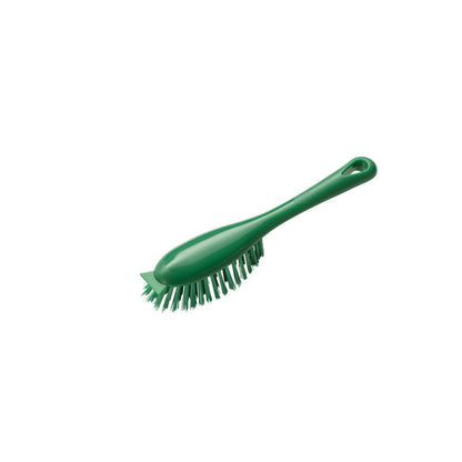 The HANDLE BRUSH WITH SHORT HANDLE PBT from Haug Bürsten KG made of green plastic with PBT bristles, a curved short handle, and a hanging loop is depicted on a white background.